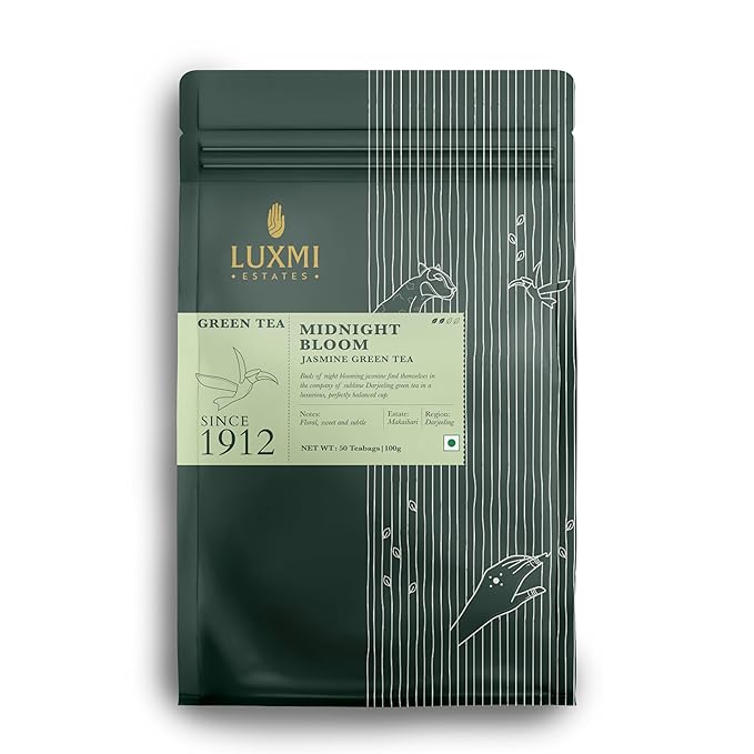 Luxmi Estates Midnight Bloom Organic Jasmine Tea (50 Tea Bags) Mildly Caffeinated Tea Bags For Relaxing, Calming, and Stress Relief, With Certified Organic Darjeeling Makaibari Green Tea - Bloomnest