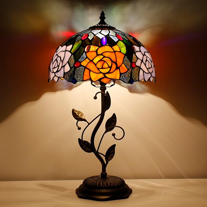 Tiffany Lamp Orange Red Rose Flower Stained Glass Table Lamp Desk Bedside Reading Light 12X12X19 Inches with Metal Leaf Base Decor Bedroom Living Room - Bloomnest