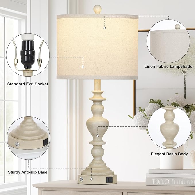 27" Farmhouse Lamps Set of 2 with USB C+A Charging Ports, Vintage Rustic Touch Control Table Lamp for Living Room, 3-Way Dimmable Traditional Nightstand Bedside Lamp for Bedroom Resin Washed Beige - Bloomnest