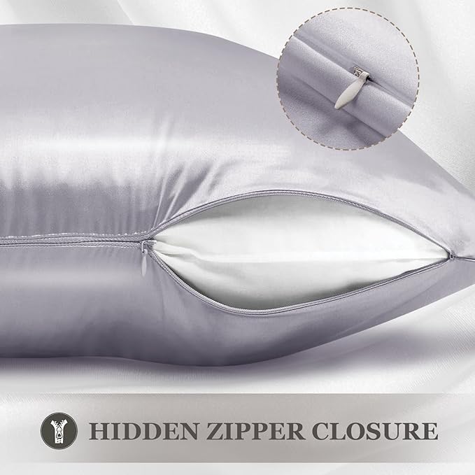 Adubor Silk Pillowcase 2 Pack for Hair and Skin with Hidden Zipper, Both Sides 23 Momme Silk Pillow Case (Silver Gray, Queen: 20''X30'') - Bloomnest