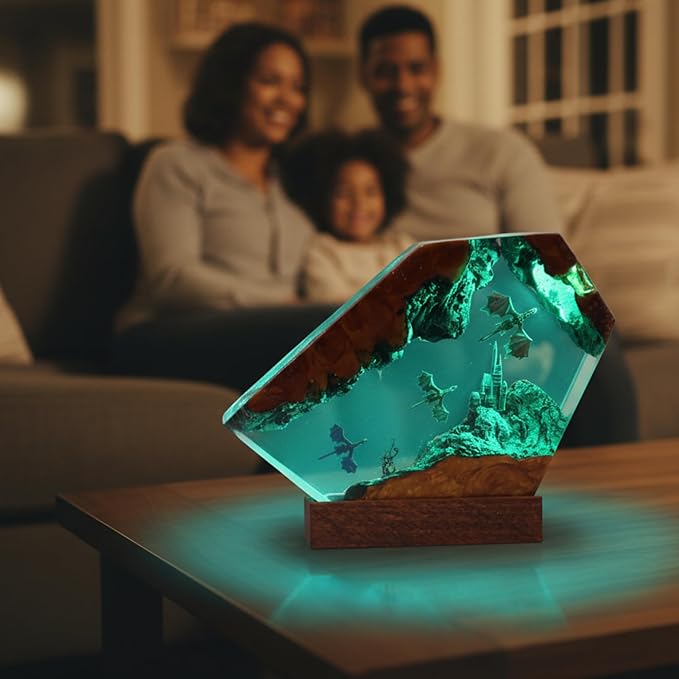 Handcrafted Ocean Scene Night Light, LED Resin Art Lamp with Sea Turtles and Divers, Decorative Table Lamp, Wooden Base (Dragons) - Bloomnest