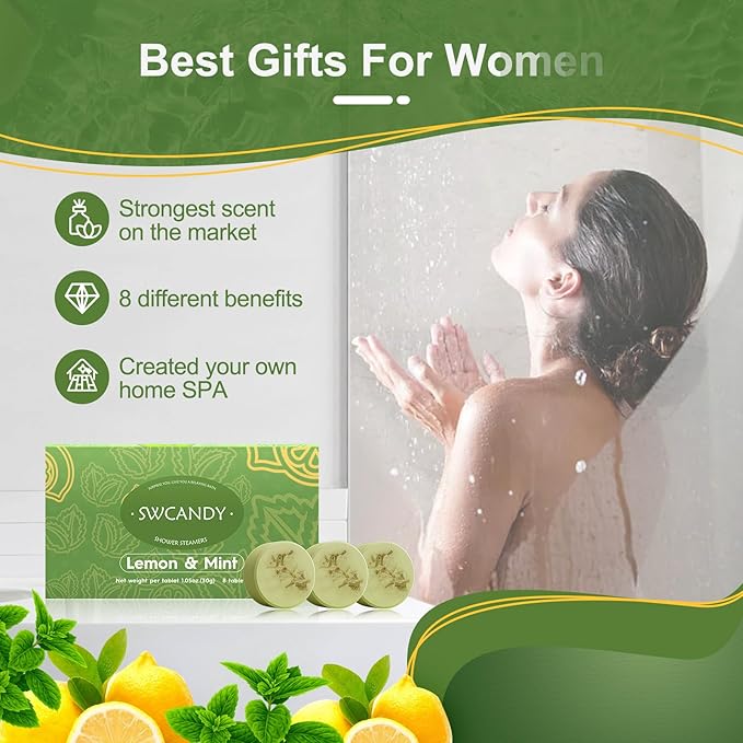 Shower Steamers Aromatherapy Birthday Gifts for Women Travel Essentials, 8 Pcs Lemon Mint, Bath Bombs Shower Bombs with Natural Essential Oils, Relaxation Home SPA - Bloomnest