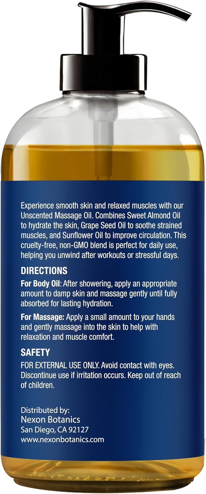 Unscented Massage Oil for Massage Therapy 8 fl oz - Refreshing and Relaxing - Natural Oils with Sweet Almond, Grape Seed and Sunflower Oil - for Men and Women - Nexon Botanics - Bloomnest