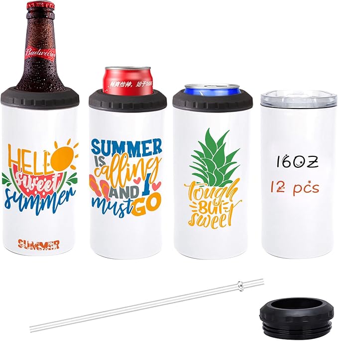 12 Pack 16 oz Sublimation Blank Tumblers Skinny 4 in 1 Can Cooler with 2 Lid Stainless Steel Double Wall Insulated Beer Bottles Coolers Slim Can Holder for Drinks - Bloomnest