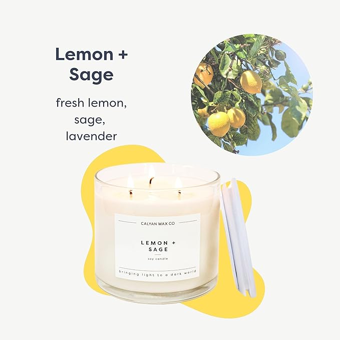 Calyan Wax Co. Lemon & Sage 3 Wick Scented Candle - 43 Hour Burn - Luxury 3 Wick Soy Candles - Non Toxic Soy Wax Candles - Long Lasting Large Glass Jar Candle for Home - 14.9oz - Bloomnest