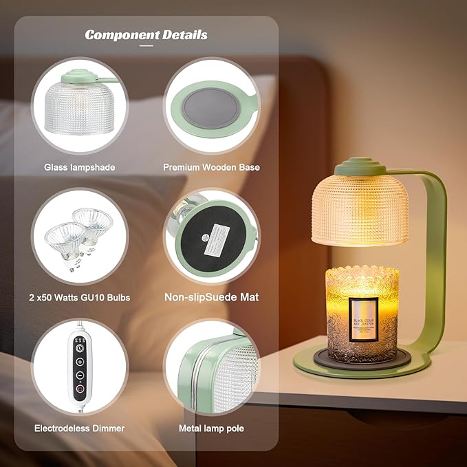 Candle Warmer Lamp with Clear Glass Globe and Timer & Dimmable Light - Jar Candle Melter Green Minimalist Metal Frame, Home Decor Gift Set (Includes 2 Bulbs) - Bloomnest