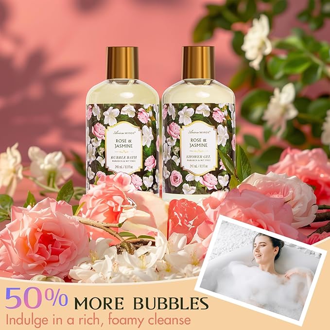 Gift Basket for Women - 8 Pc Rose & Jasmine Beauty & Personal Care Set - Home Bath Pampering Package for Relaxing - Spa Self Care Kit - Thank You, Birthday, Mom, Anniversary, Christmas Gift - Bloomnest