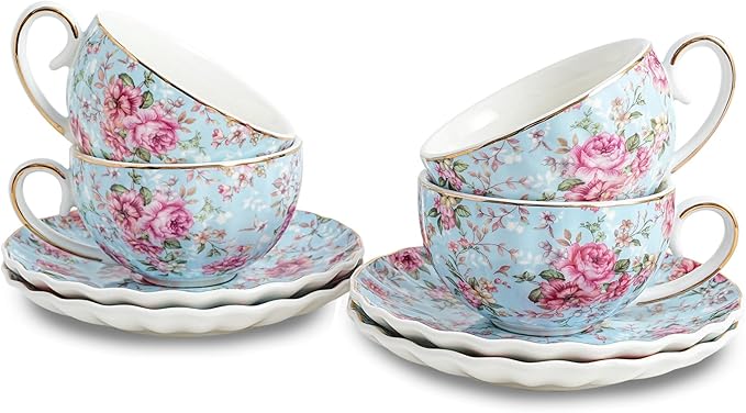 Tea Cup and Saucers, 6.4oz Floral Tea Cups with Gold Trim, Porcelain Teacup, Coffee Cappuccino Espresso Latte Mugs for Party Birthday,Party Cafe Home, Christmas Gift (Blue) - Bloomnest