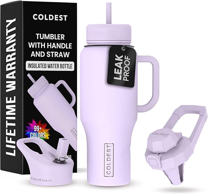 Coldest Tumbler with Handle and Straw - 100% Leak Proof Insulated Tumbler with Lid and Straw (3 Lids) - Stainless Steel Tumblers for Women & Men - Cup Holder Friendly Base, 36 oz (Lilac Blue) - Bloomnest