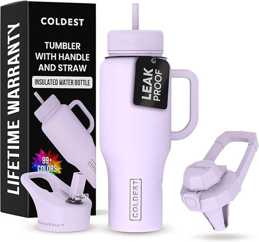 Coldest Tumbler with Handle and Straw - 100% Leak Proof Insulated Tumbler with Lid and Straw (3 Lids) - Stainless Steel Tumblers for Women & Men - Cup Holder Friendly Base, 36 oz (Lilac Blue) - Bloomnest