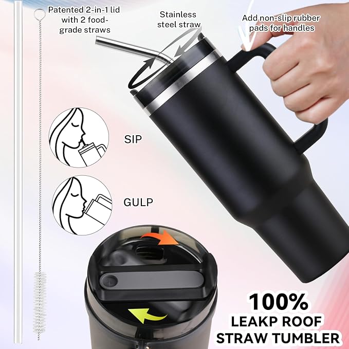 40 oz Tumbler Insulated Mug w/Straw & Flip Cap Lids - Cup Holder Bottle with 6 Accessories Set for Hot, Cold Drink - Leak-Proof - Water, Coffee Portable Travel Mug (Midnight Black) - Bloomnest