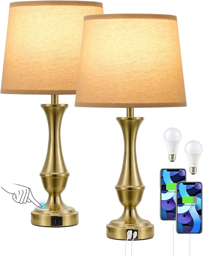 Seealle Upgraded Touch Lamps for Night Stands Set of 2 - Bedside Lamps with USB C+A, 3 Way Dimmable for Bedroom Living Room End Tables Office (Brown&Gold) - Bloomnest