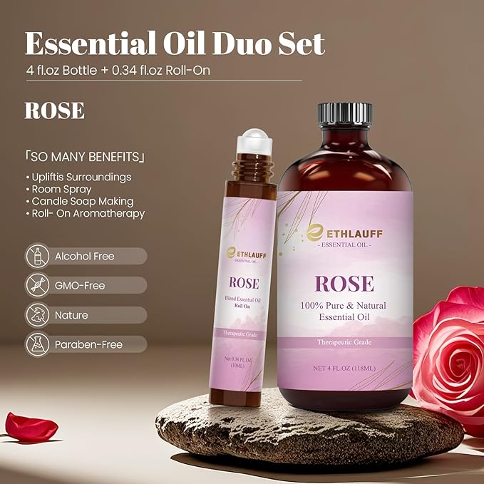 Rose Essential Oil (4 oz/120 ml) — Rose Oils for Aromatherapy, diffusers, humidifiers, Home fragrances, DIY Skincare, soap Making, DIY Candle, Relaxation, Yoga, and Meditation Ethlauff