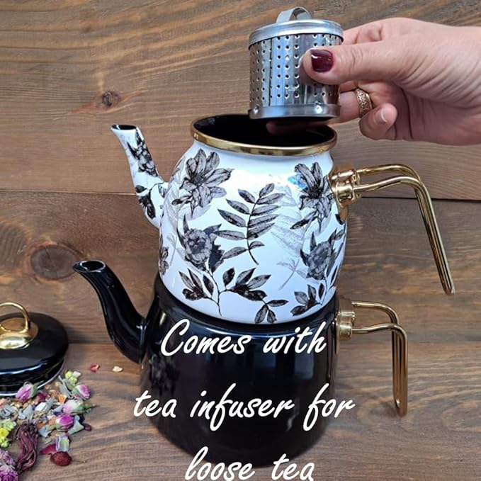 Vintage Turkish Teapot Tea Pots Kettle Set for Stovetop Stove Top Decorative Infuser Party Cups Glasses Floral Unique Boiler Samovar Strainer Loose Leaf Kitchen Style Enamel Decor (White-Black) - Bloomnest