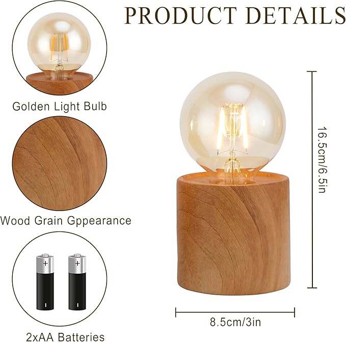 JHY DESIGN Set of 4 Wood Grain Table Lamp 6.5" Tall Cordless Lamp Light with Edison Style Bulb and 6 Hours Timer Battery Operated Lamp Great for Living Room Weddings Parties Patio Indoors Outdoors