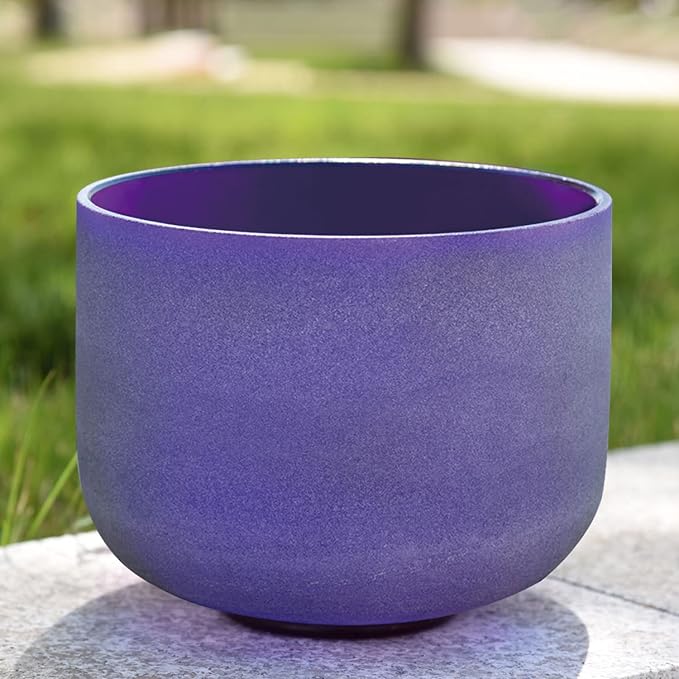 RYAN DVAN 8” B Note Purple Frosted Crown Chakra Crystal Singing Bowl with Free Heavy-Duty Carrying Case and Suede Striker O-Ring - Bloomnest