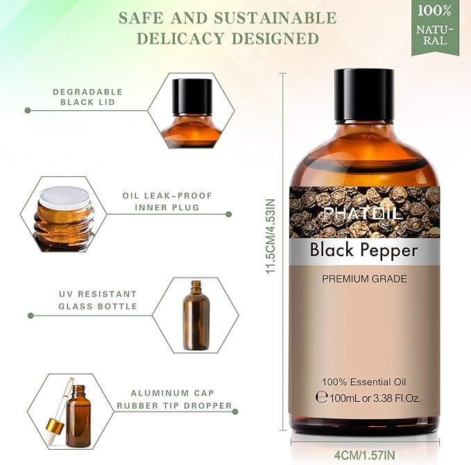 Black Pepper 3.38fl.oz Essential Oil, PHATOIL Pure Aromatherapy Oils for Diffuser, Humidifier, Perfect for DIY Soap, Candle, Bath Bombs Making(100ml) PHATOIL