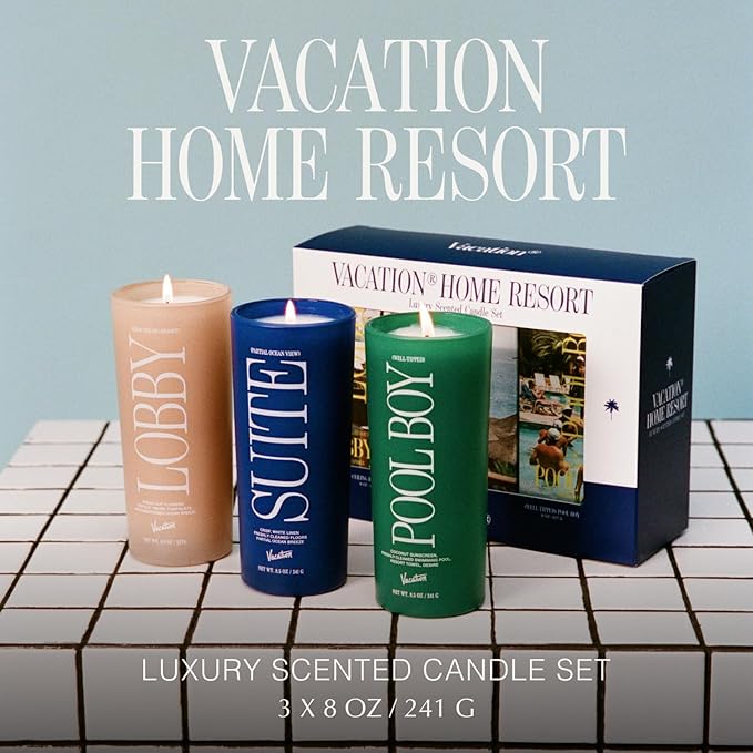 Vacation Sunscreen Home Resort Scented Candle Set, Premium Soy Blend Wax, 85-Hour Long Burning, Luxury Gift Set for Women & Men, 8 Oz. Each (Pack of 3) - Bloomnest