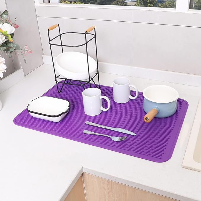 Silicone Dish Drying Mat for Multiple Usage,Easy clean,Eco-friendly,Heat-resistant Silicone Mat for Kitchen Counter or Sink,Refrigerator or Drawer Liner Purple 3XL 28 inches x 18 inches - Bloomnest