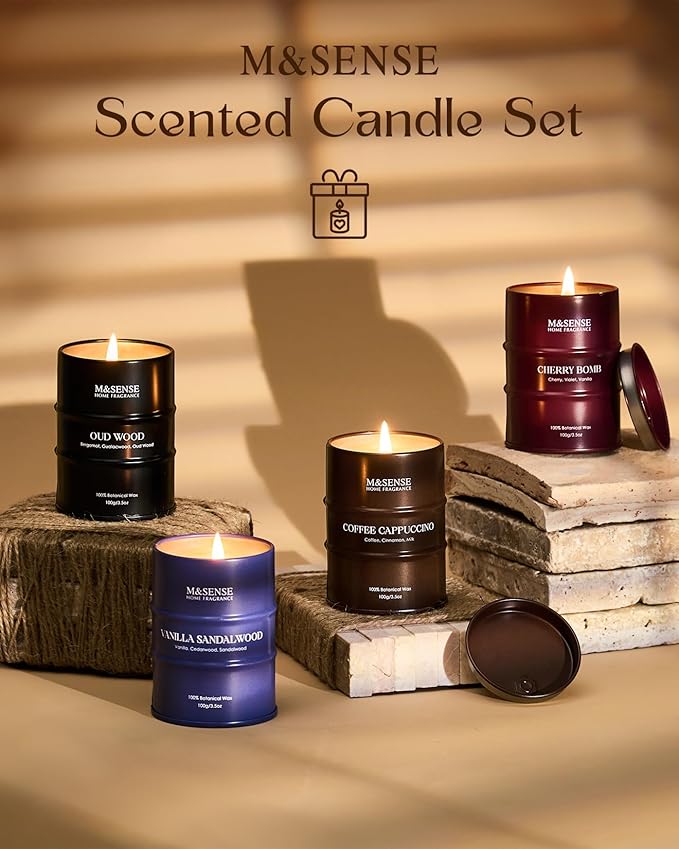 Fall Candles Set | Mini Scented Candles Gift Set | 4 Pack Candles for Home Scented Candle,Cherry Vanilla Oud Sandalwood Coffee Candle,Gift Set for Women and Men,Soy Wax 14 oz 86 Hour - Bloomnest
