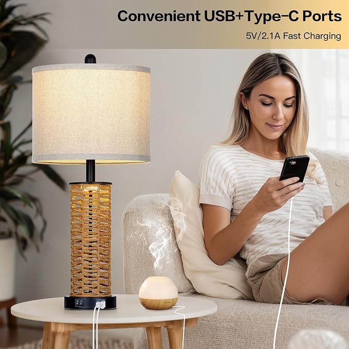 27" Boho Rattan Table Lamps Set of 2, Coastal Bedside Lamp with Night Light, Woven Wicker Bedroom Nightstand Lamps with USB A+C Charging Port, Tall Farmhouse Lamp for Living Room End Table - Bloomnest