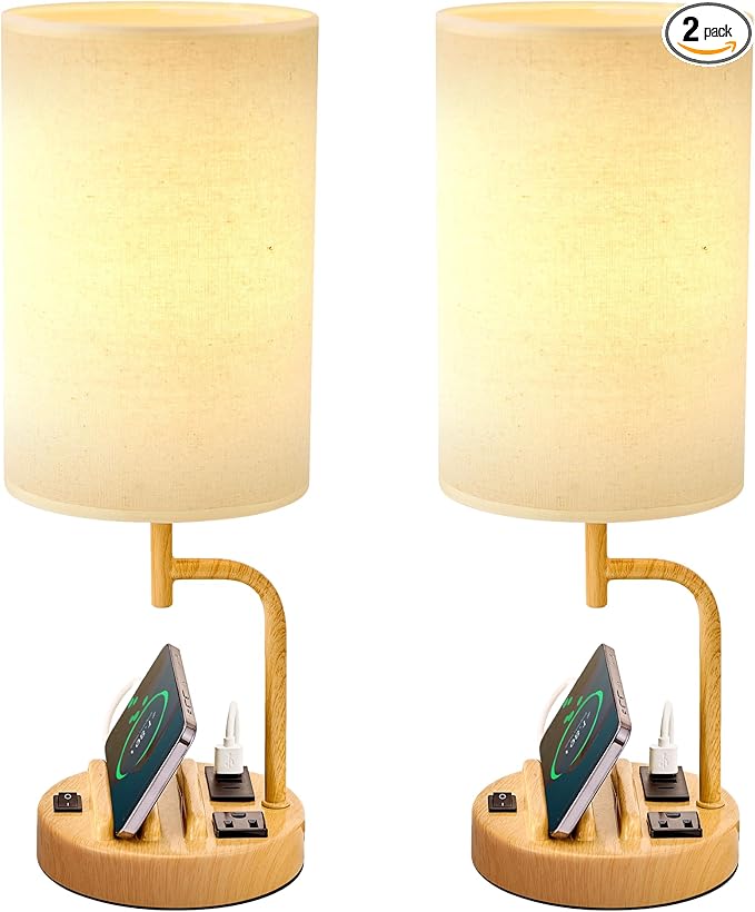 Dreamholder Table Lamp with 3 USB Charging Ports, Modern Desk Lamp with AC Outlet and Phone Stands, Perfect Bedside Lamp for Bedroom, Living Room, Office (Pack of 2) - Bloomnest