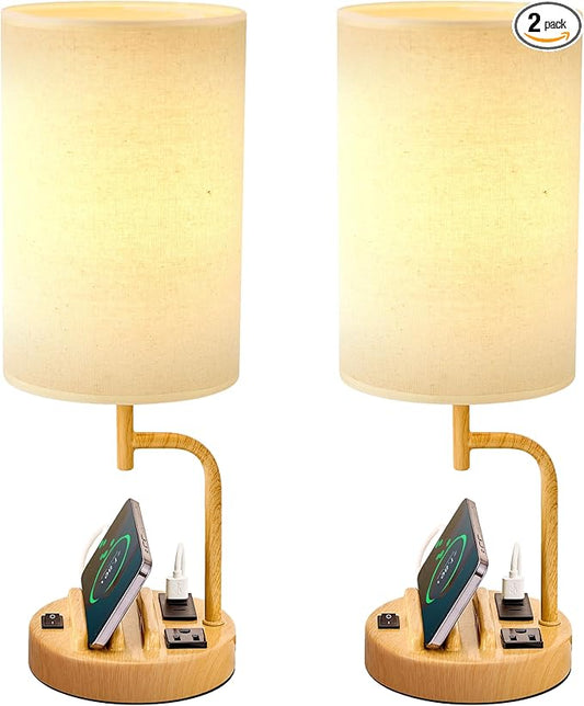 Dreamholder Table Lamp with 3 USB Charging Ports, Modern Desk Lamp with AC Outlet and Phone Stands, Perfect Bedside Lamp for Bedroom, Living Room, Office (Pack of 2) - Bloomnest