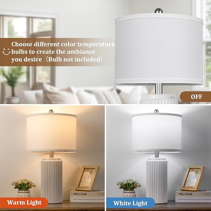 TOBUSA 23.5’’ Modern White Ceramic Lamps Set of 2, Living Room Retro Side Table Lamps, Farmhouse Bedside Nightstand White Lamps for Bedroom with Linen Shade, Elegant Decor Lamp Sets for Home Office - Bloomnest