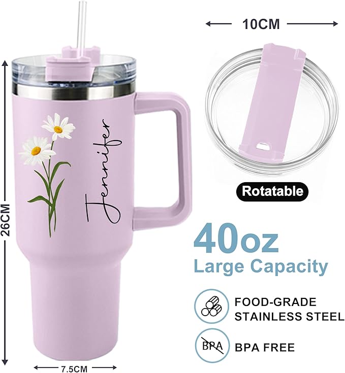 ThermoThrill Ships Next Day, Personalized 40 Oz Tumbler with Handle and Straw Custom Tumbler with Text Stainless Steel Mug Birthday Gifts for Women - Bloomnest