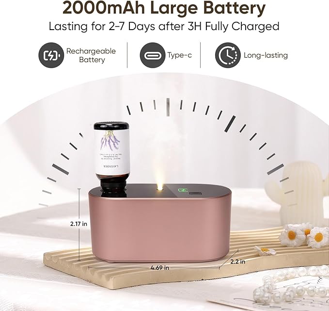 Waterless Diffuser for Essential Oil, Battery Operated Scent Air Aromatherapy Diffuser, Mini Aroma Diffusers with 3 Intermittent Mist Modes, Cycle Start for Home Office Bedroom - Rose Gold - Bloomnest
