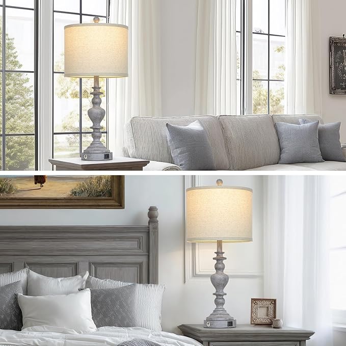 27" Tall Table Lamps for Living Room, 3-Way Dimmable Touch Control Farmhouse Vintage Table Lamps Set of 2 with USB C+A Ports and AC Outlets, Rustic Bedside Nightstand Lamp for Bedrooms Office Grey - Bloomnest