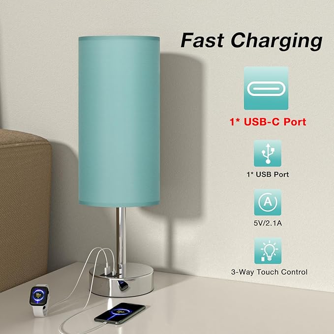 Teal Touch Bedside Lamps for Bedroom - Small Coastal Nightstand Lamp with USB-C and USB A Charging Ports, 3 Way Dimmable Control Table Lamp for Office, Dorm with Fabric Shade Silver Base - Bloomnest