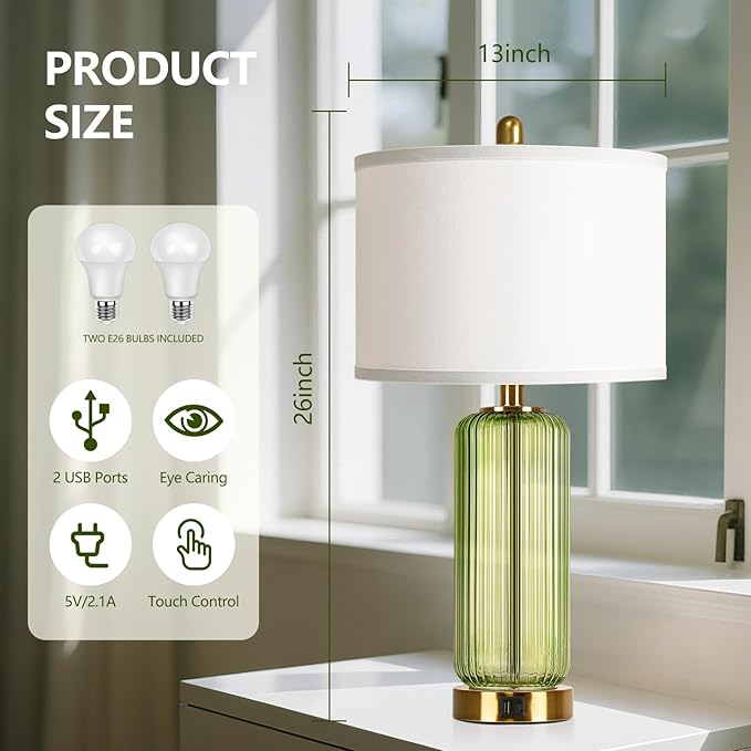 Table Lamps Set of 2 with Touch Control, 3-Way Dimmable Nightstand Lamp with Vertical Grained Glass, 27" Modern Glass Bedside Lamps with USB A+C Ports, Green Bedside Table Lamps, Desk Lamp for Bedroom - Bloomnest