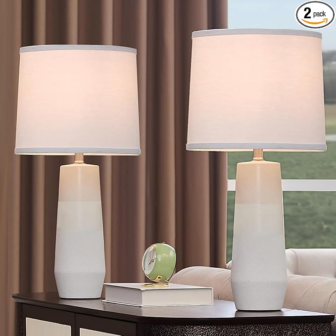 25.25" White Ceramic Table Lamps for Living Room, Ceramic White Lamps Set of 2 for Nightstand, Minimalist Beige Table Lamp Set of 2 for Bedroom, Console Reading Table Lamps - Bloomnest