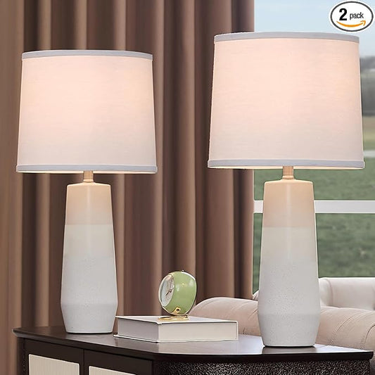 25.25" White Ceramic Table Lamps for Living Room, Ceramic White Lamps Set of 2 for Nightstand, Minimalist Beige Table Lamp Set of 2 for Bedroom, Console Reading Table Lamps - Bloomnest