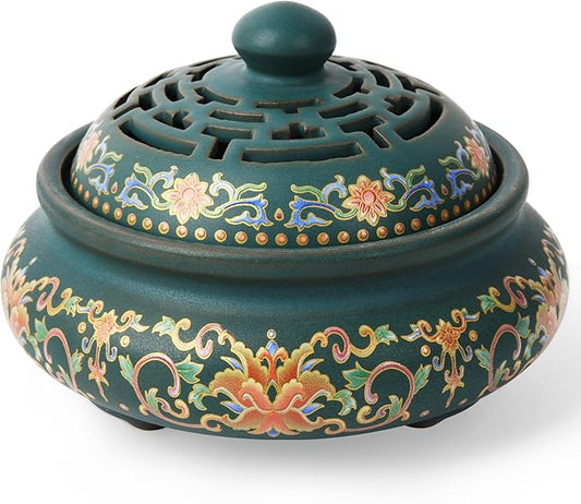 Ceramic Incense Burner with Incense Holder+ Fireproof Cotton,Handmade Smudging Burn Bowl for Stick or Coil Incense,Sage Cones,Frankincense and Mosquito Incense (Enamel) - Bloomnest