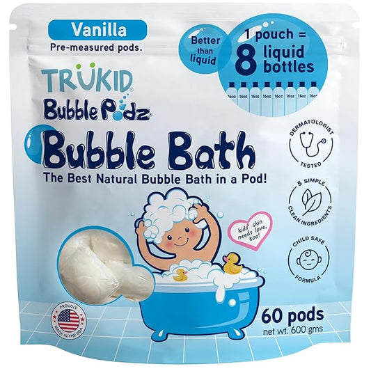 TruKid Bubble Podz Bubble Bath for Kids, Toddlers, & Babies, Tear Free Gentle & Refreshing Bath Bomb for Sensitive Skin with Natural Moisturizers, Non-Toxic, pH Balanced, Vanilla Scent (60 Podz) - Bloomnest