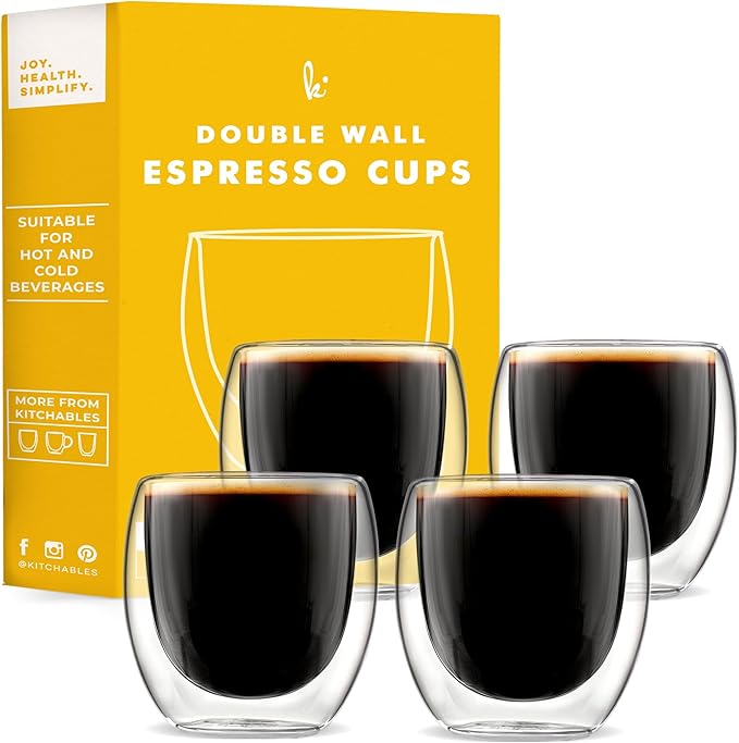 Kitchables Espresso Cups Set of 4, 2.7oz - Durable Double Walled Espresso Shot Glass - Expresso Shots Cup Compatible With Nespresso Machines - demitasse cups - Tasas De Café Expreso - Bloomnest