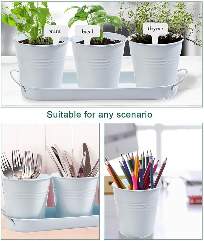 vensovo Indoor Herb Planter Set - Galvanized Windowsill Garden Pots with Tray & Drainage, Set of 3 Metal Window Planters for Kitchen & Outdoor Use, White - Bloomnest