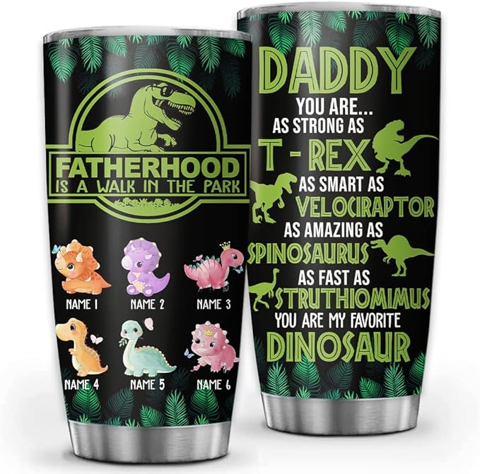 Custom Dinosaur Dad Fathehood Personalized Tumbler Cup Father's Day Gift, Gift For Dad, Father, Papa, Grandpa 20oz Insulated Coffee/Tea Tumbler with Lid - Bloomnest