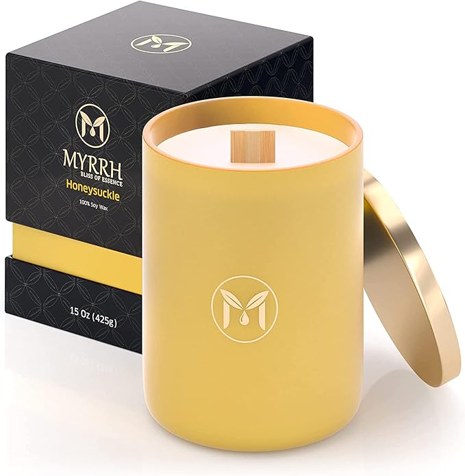 MyrrhUSA Honeysuckle Scented Candle – 15 oz Natural Soy Wax with Crackling Wooden Wick & Essential Oils | 80 Hour Burn | Luxury Aromatherapy Candle for Relaxation, Home Décor, Living Room & Bathroom - Bloomnest