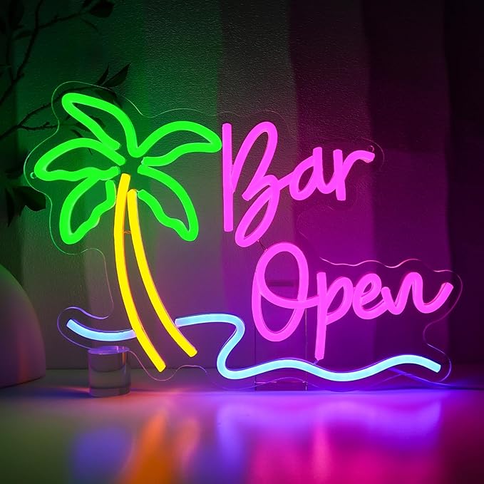 Bar Open Sign for Business, Neon Open Sign, USB Dimmable Palm Tree Neon Lights for Beer Bar Coffee Cafe Home Pub Man Cave Stores Hotel Party Window Wall Decor Restaurant - Bloomnest