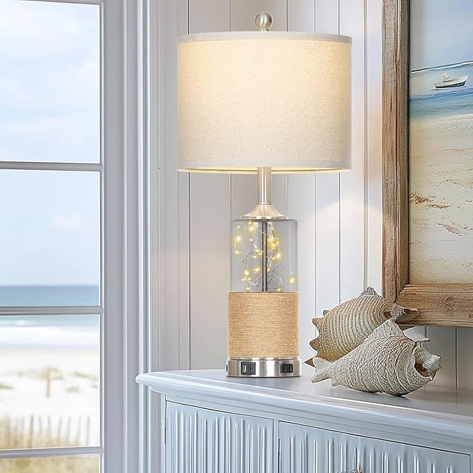 25" Coastal Glass Lamps Set of 2, Touch Control 3-Way Dimmable Night Light Modern Table Lamp with USB A+C Ports & AC Outlets Linen Fabric Shade for Living Room Bedroom Silver Ocean(LED Bulbs Included) - Bloomnest