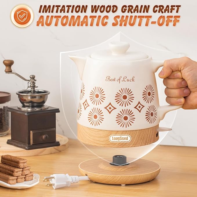 Ceramic Electric Kettle Pot 1.1 Quart, Boiling Water boiler, Teapot Automatic Shut-Off, BPA-Free, Rapid Boil For Coffee & Tea, Boil-Dry Protection, 1000W