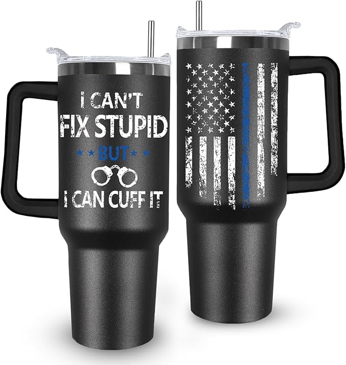 Ceovfoi 40 oz Tumbler with Handle lid and Straw, American Flag Blue Line Stainless Steel Dad Travel Tumbler Cup Mugs,Police Academy Graduation Gifts, Police Gifts for Men Dad - Bloomnest