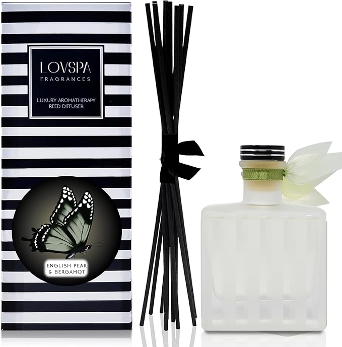 LOVSPA Reed Diffuser Set, English Pear & Bergamot Scented Oil Diffuser with Sticks, Home Fragrance Accessories for Bathroom Shelf Decor, Aroma Diffusers for Home or Office Desk, USA Made