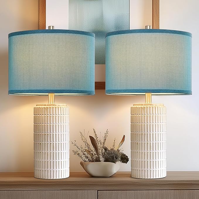 23" Modern Ceramic Nightstand Table Lamps Set of 2, Nautical Lamps for Bedroom Bedside, Side Table Lamps for Living Room, Dining Room, Office, 2 LED Bulbs Included (Blue) - Bloomnest