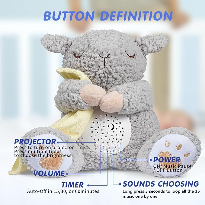 BEREST Baby White Noise Machine Stuffed Animal Toy, Mom's Heartbeat Lullabies Sheep Sleep Soother, Nursery Decor Night Light Projector, Toddler Crib Sleeping Aid, Babies Shower Gifts Portable - Bloomnest