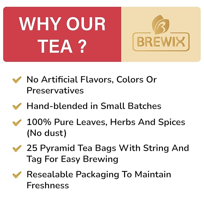 BREWIX, Rooibos Chai Tea Bags (25 Pyramid Tea Bags) Caffeine-Free, Herbal Tea, South African Red Tea | Rooibos, Cardamom, Cinnamon, Black Pepper, Nutmeg, Ginger & Clove - Bloomnest