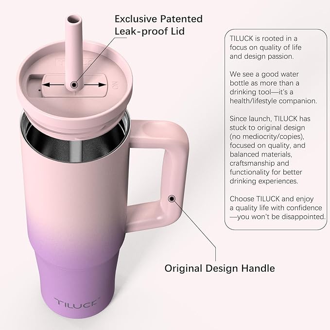 TILUCK 30 oz Tumbler with Handle, Vacuum Insulated Stainless Steel Travel Mug with 100% Leak-Proof Silicone Straw Lid, Cupholder Friendly Water Bottle(PinkPurpleGradient, 30oz)